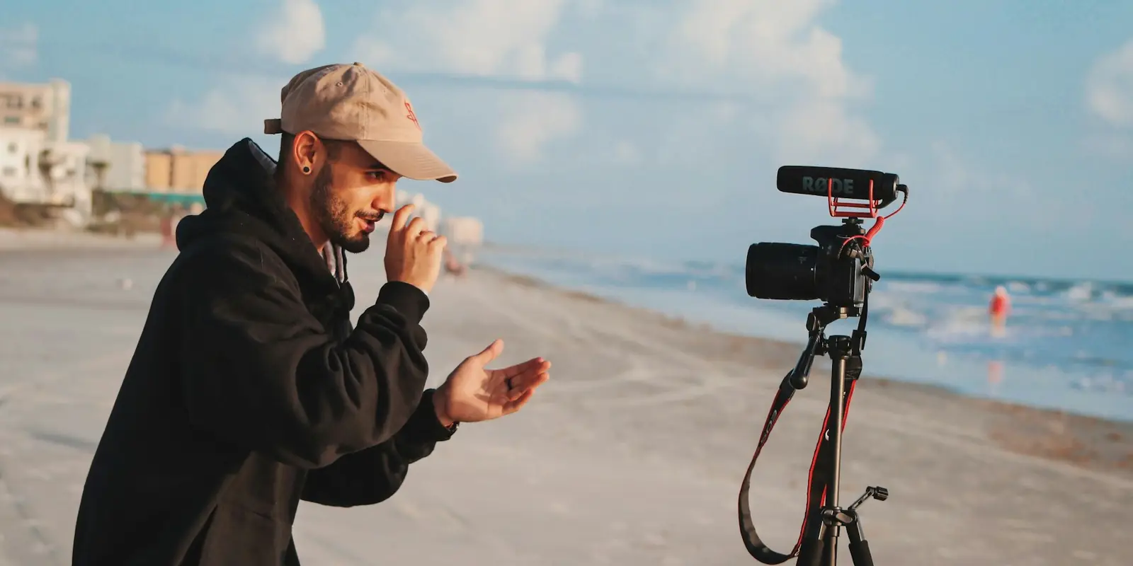 Creator filming a video ad on a tripod (AI UGC (AI-Generated UGC-Style Content))