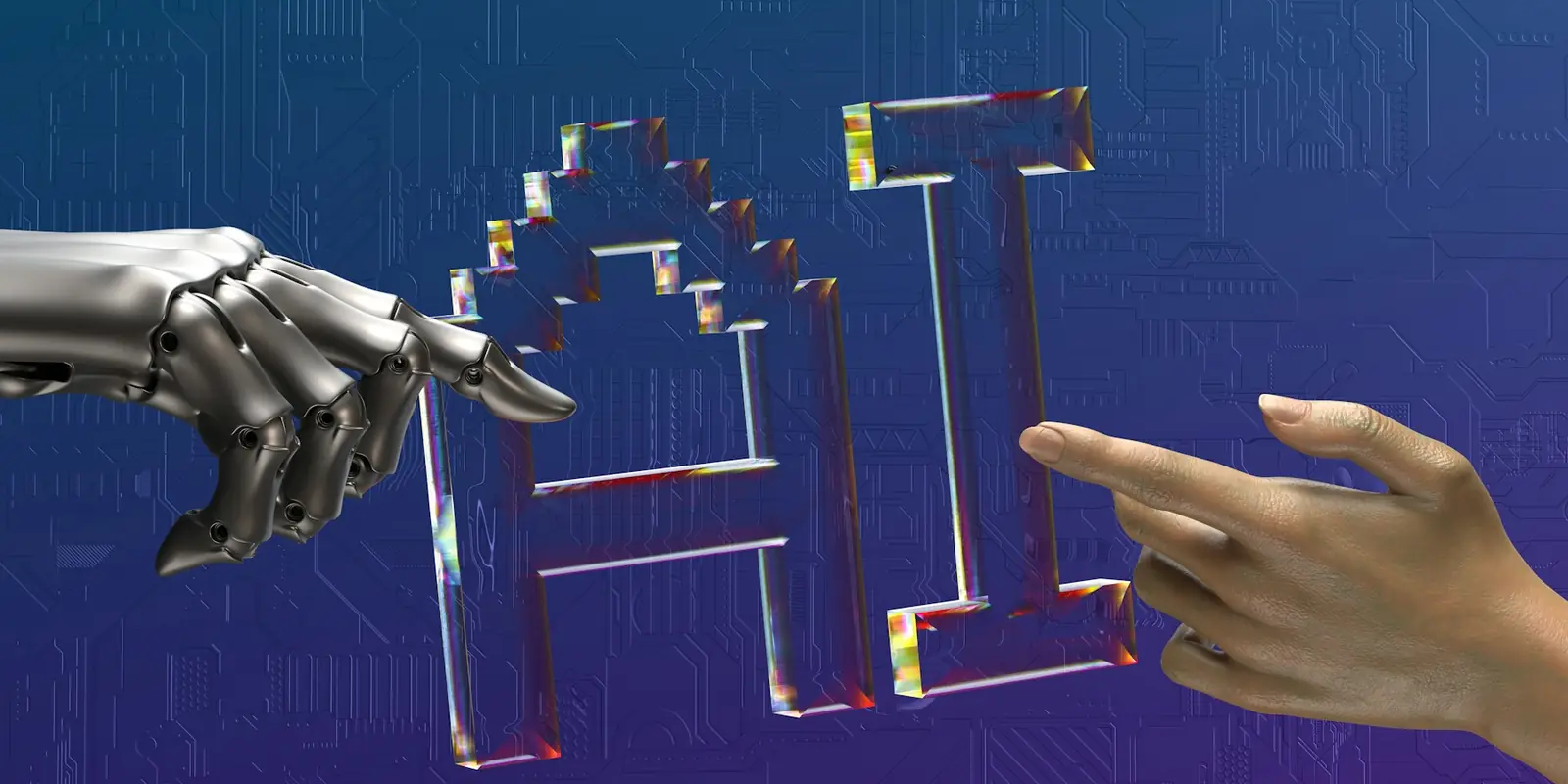 Robot and human hands reaching toward AI (Google AI Overviews)