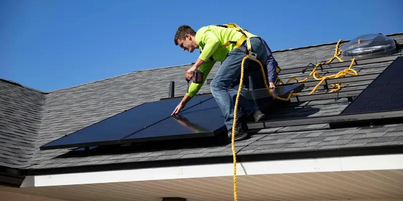 Installer fitting solar panels on a roof